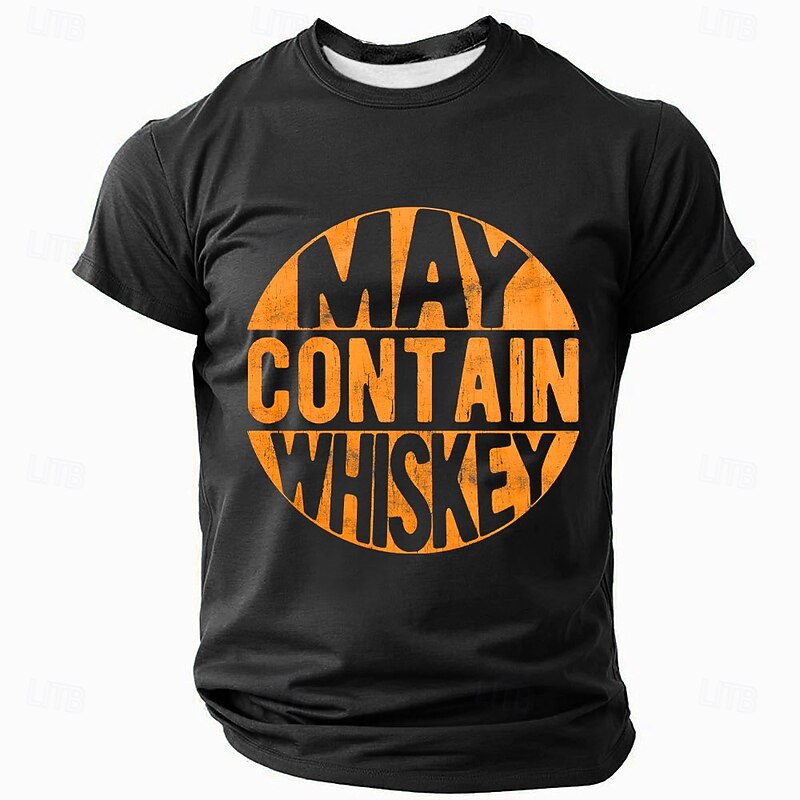 Men's Short Sleeve T-Shirt with Funny 'May Contain Whiskey' Graphic Print, Humorous Wordplay Alcohol Tee2