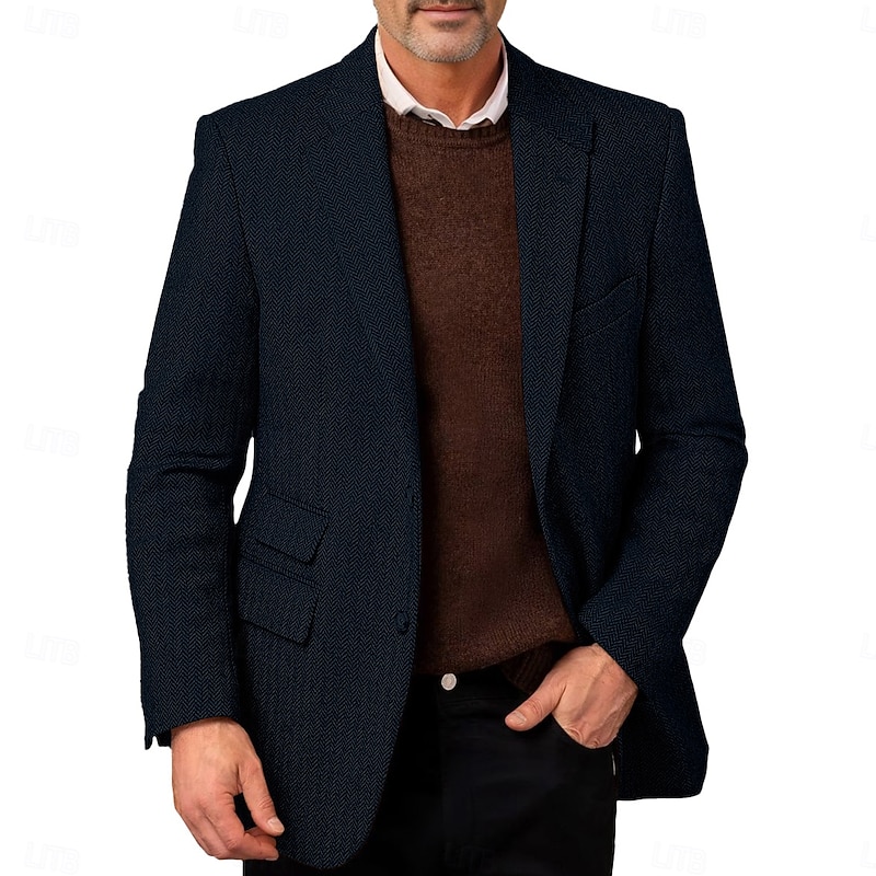 Men's Tweed Blazer Wool Herringbone Blazer Jacket Retro Vintage Classic Office Blazer Navy Blue Brown Standard Fit Single Breasted Two-buttons3