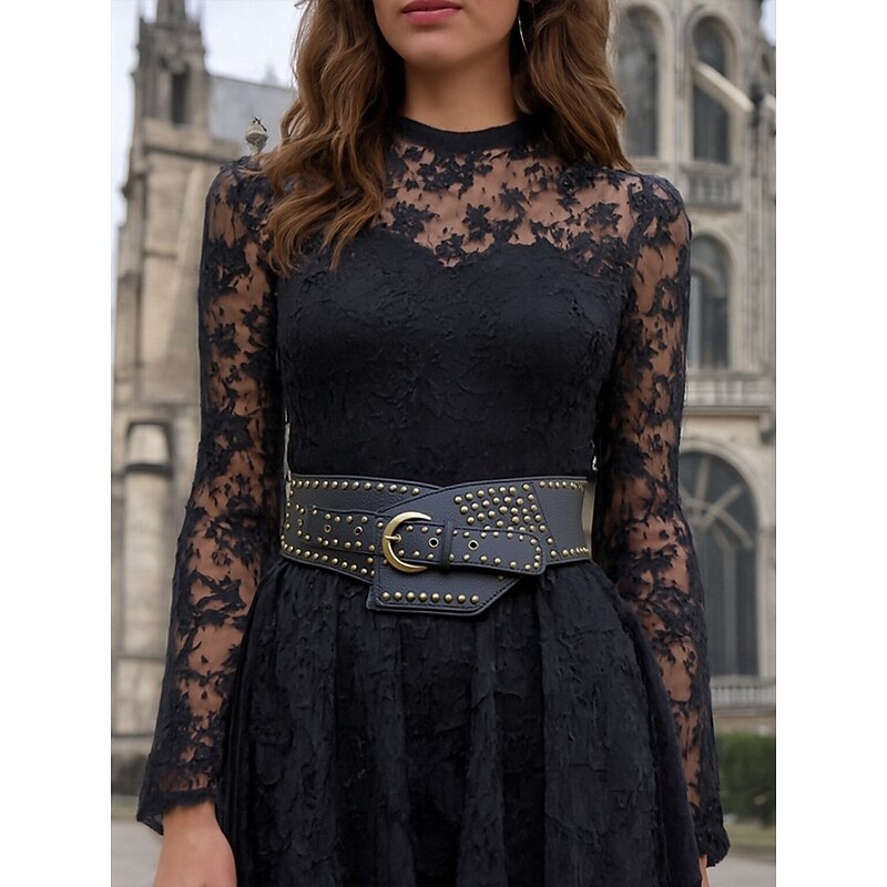 Women's Wide Black Brown Faux Leather Belt - Vintage Rivet Design with Brass Buckle, Perfect for Dresses, Cosplay and Gothic Costumes2