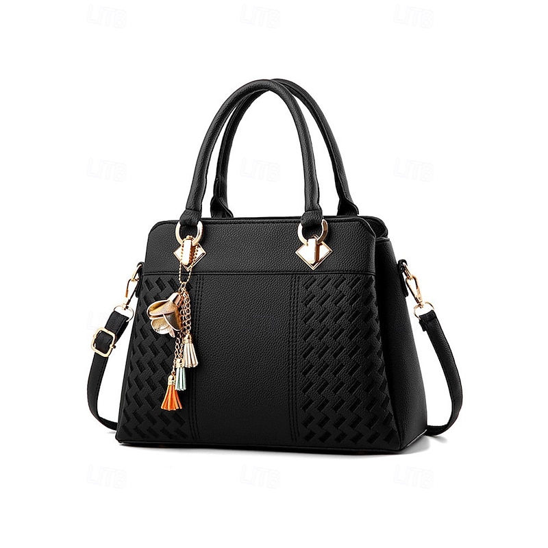 Women's Faux Leather Handbag with Tassel Charm and Textured Panels – Elegant Structured Shoulder Tote Bag for Office Work and Business Travel4