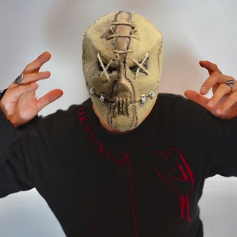 Halloween Burlap Scarecrow Mask for Adults Realistic Scary Costumes Latex Face Mask, Creepy Sack Head Horror Mask for Haunted House and Cosplay