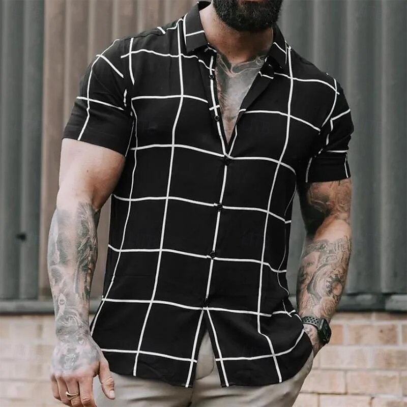 Men's Geometric Grid / Plaid Shirt Summer Shirt Button Up Shirt Short Sleeve Fashion Casual Outdoor Vacation Dailywear Summer Spring Turndown 3D Print Collared Shirts Black