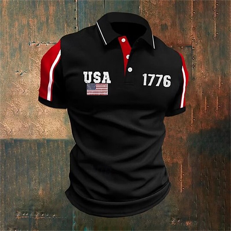 American Independence Day Men's Color Block American US Flag Polo Shirts Button Up Polos Golf Shirt Short Sleeve Polo Shirts Lapel Fashion Casual Daily Festival Print Summer Black