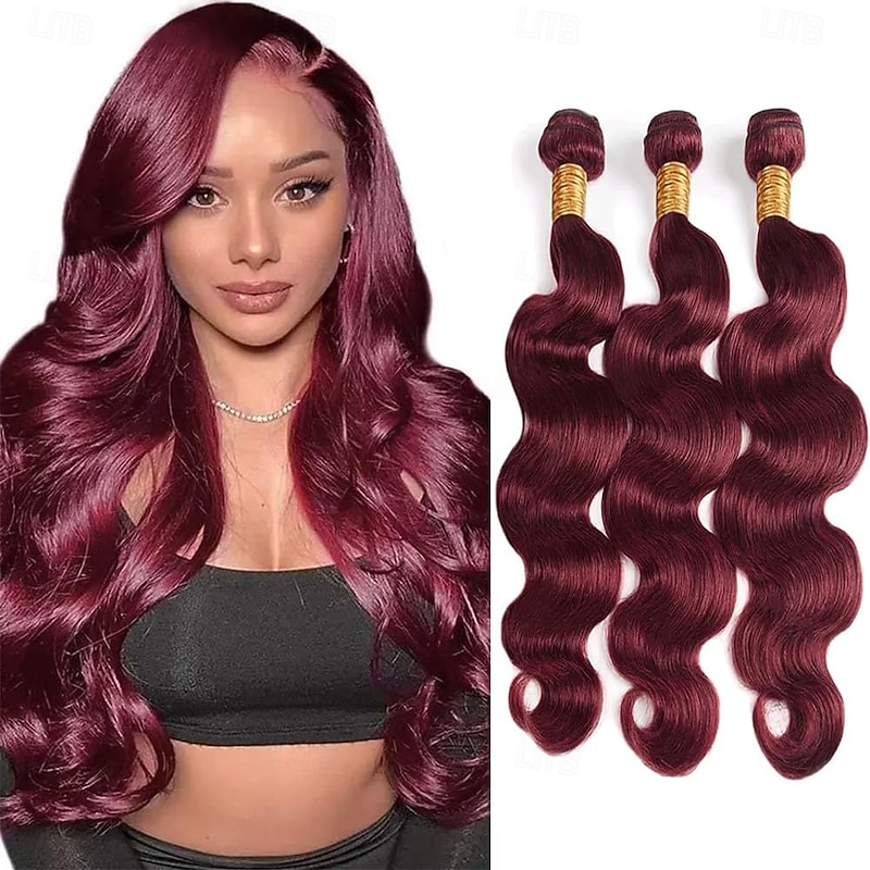 99J# Burgundy Color Human Hair 3 Bundles Of Human Hair Body Wave Human Hair Human Hair Extensions 12-24 inch