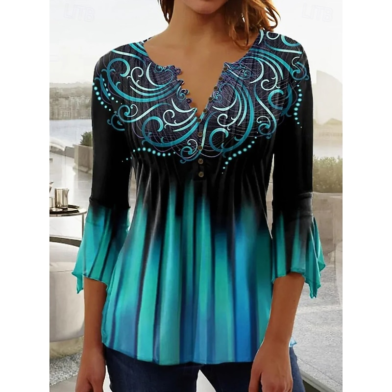 Women's Blouse V Neck Ombre Floral Graphic Elegant 3/4 Length Sleeve Regular Tops Daily Going out Buttons Grass Green Black and gray Blue Purple Green Summer Spring Fall
