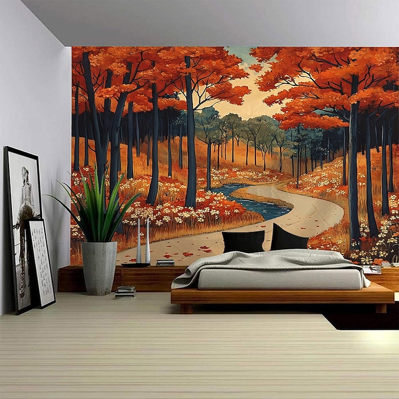 Yellow Forest Path Landscape Hanging Tapestry Mural Art Large Tapestry Mural Decoration Photos Background Carpet Curtains Home Bedroom Living Room Decoration