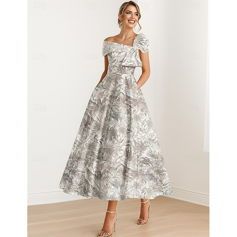 Jacquard Brocade Floral  A-Line Cocktail Dresses Elegant Dress Formal Wedding Guest Ankle Length Short Sleeve One Shoulder Pocket Nylon with Bow(s) Pocket4