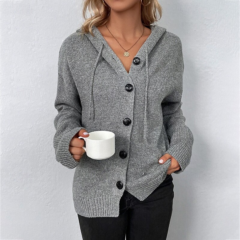 Women's Cardigan Fashion Soft Solid Color Ribbed Hooded Buttons Knitted Long Sleeve Regular Tops Knit Holiday Going out Weekend Black White Fall4
