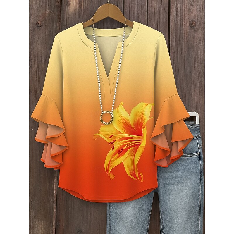 Women's Blouse V Neck Ombre Floral Graphic Vintage Daily Ethnic 3/4 Length Sleeve Regular Tops Daily Holiday Vacation Wear Print Blue Purple Orange Summer Spring