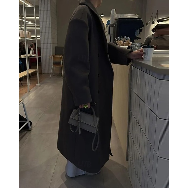 Women's Coat Warm Comfortable Pocket Buttons Fashion Plain Going out Weekend Double Breasted Long Turndown Regular Fit Long Sleeve Outerwear Coffee Fall Winter4