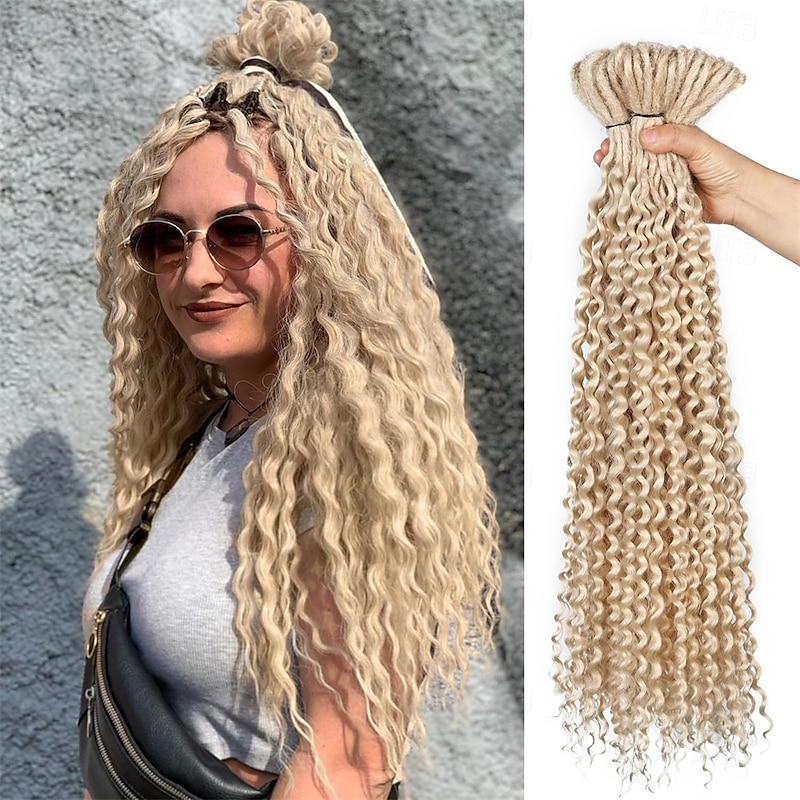 Full Set Double Ended Platinum Blonde Curly Dreads Extension for Women DE Blonde Wavy Dreadlock Handmade Synthetic Soft Dreadlock Crochet Hair (50 Strands Curly Dreads