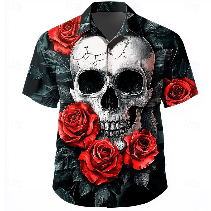 Men's Retro Halloween Costumes Day of the Dead Shirt Summer Shirt Button Up Shirt Short Sleeve Dark Gothic Style Outdoor Holiday Summer Spring Turndown 3D Print Collared Shirts Black Dark Green2