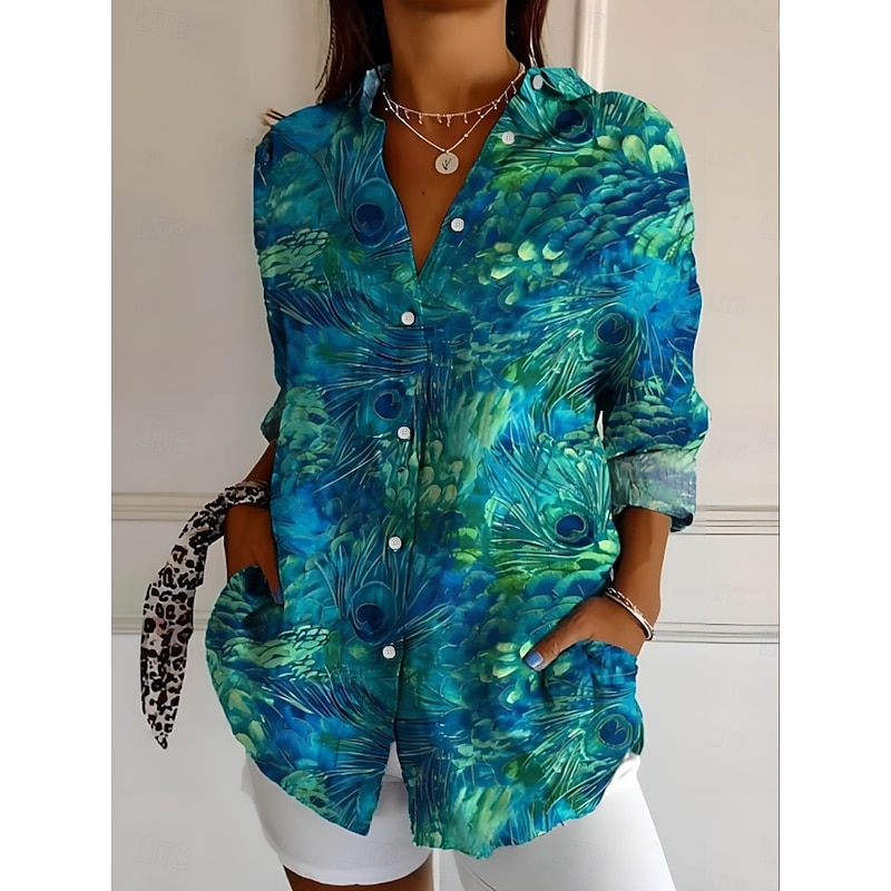 Women's Shirt Button Down Tunic Shirt Collar Long Sleeve Ombre Floral Graphic Romantic Casual Beach Regular Tops Work Daily s Print Pink Green Rainbow Spring Fall