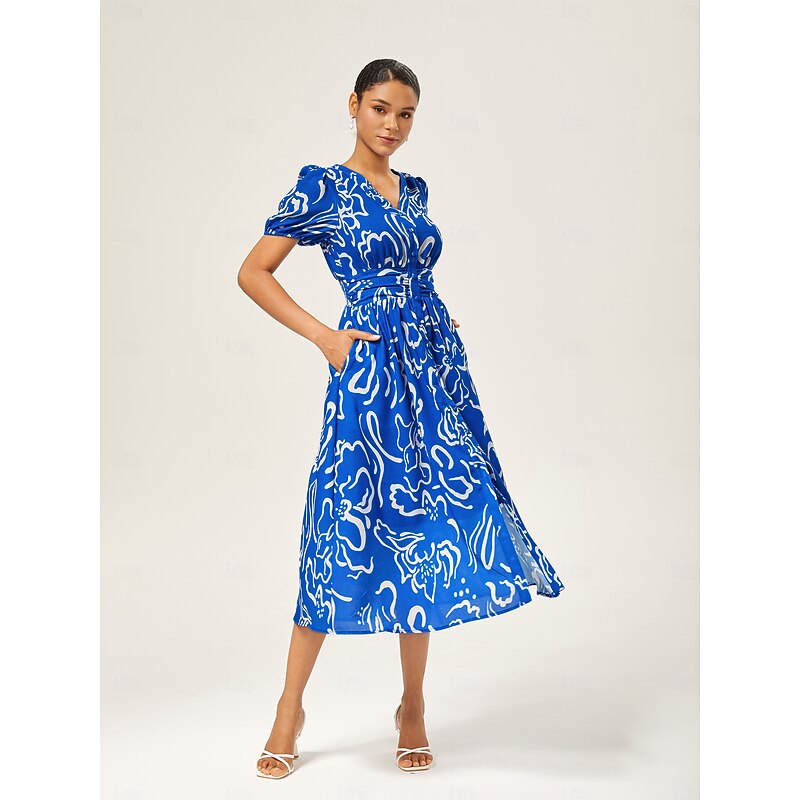 Women's Abstract Art Print Linen-Like Fabric Waist-Cinching Maxi Dress3