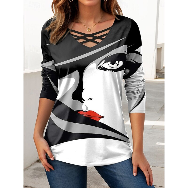 Women's T Shirt Graphic Geometric Abstract Vintage Stylish Modern Long Sleeve V Neck Regular Tops Daily Cut Out Print Black White Orange Spring Fall