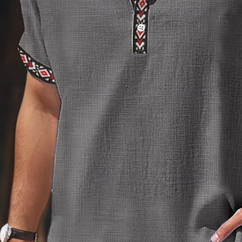 Men's Shirt Linen Shirt Summer Shirt Beach Wear Geometric Vacation Casual Red Green Khaki Gray Short Sleeve V Neck Summer Spring & Summer Clothing Apparel Color Block3