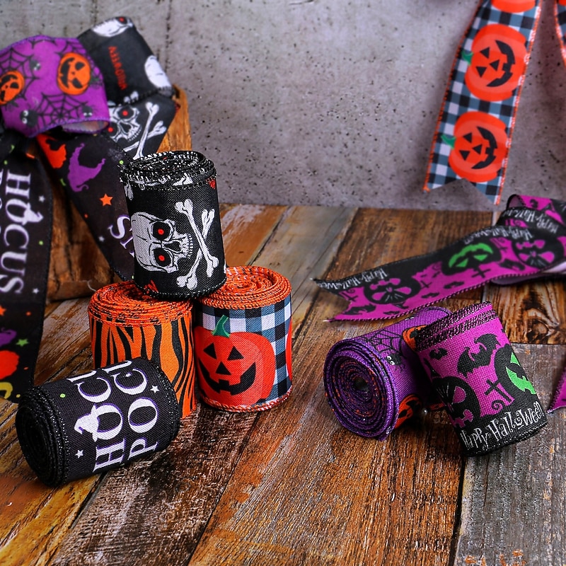 Halloween Plaid Pumpkin Ribbon, Festive Ribbon for Christmas Tree Decoration, Colorful Halloween Party Decor Ribbon3