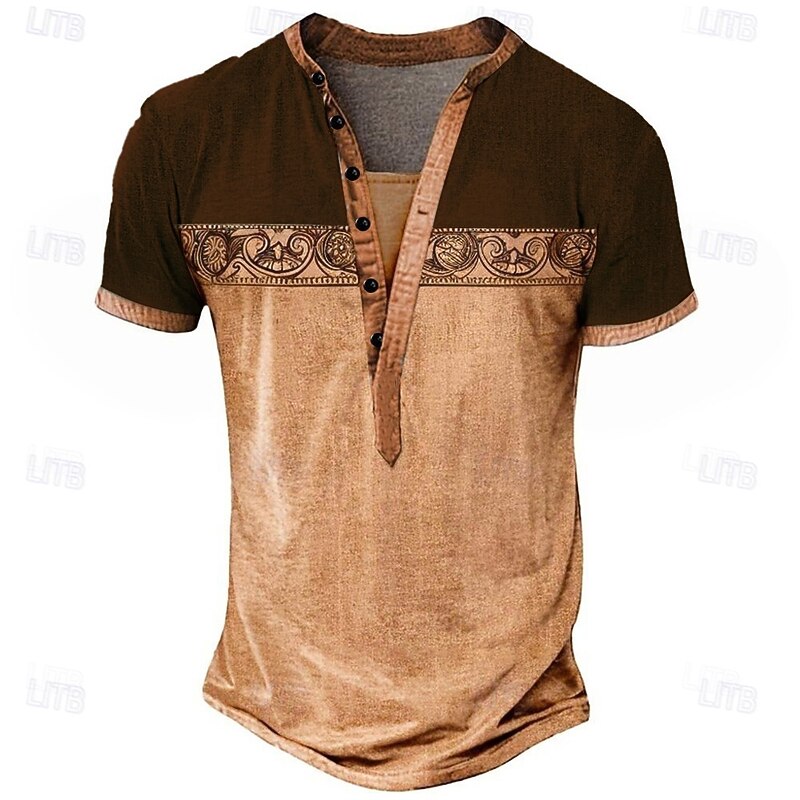 Men's Geometric Ethnic T Shirt Henley Shirt Tee Short Sleeve Designer Basic Ethnic Outdoor Casual Daily Summer Light Green Navy Blue Brown Grey Henley Henley T-Shirt3