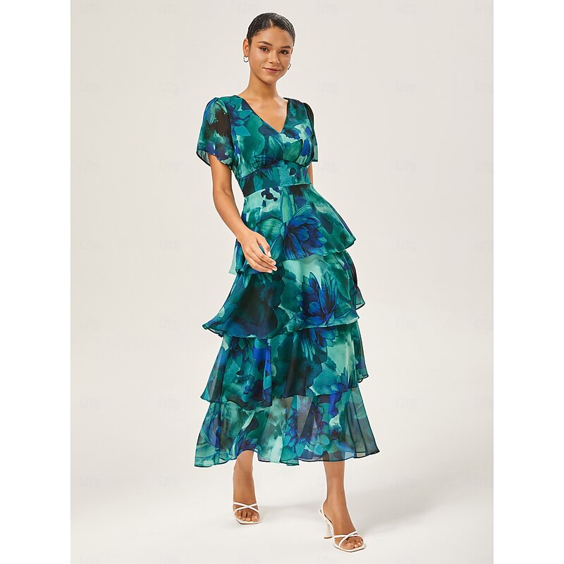 Women's Wedding Guest Party Maxi Chiffon Dress V Neck Flowy Multicolor Floral Print Dark Green Vintage Elegant A Line Tiered Ruffle Cake Skirt Waist Slim Fit Elastic Back Dress