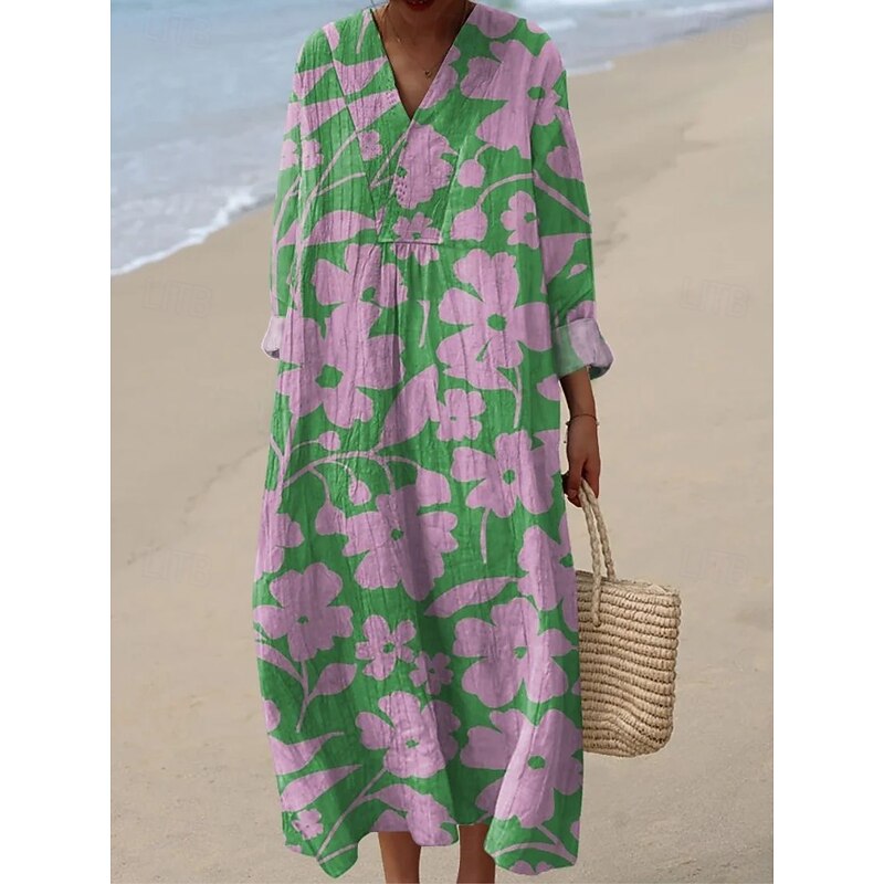 Women's Midi Dress V Neck Long Sleeve Kaftan Lightweight Loose Fit A Line Dress Casual Boho Party Going out Floral Graphic Long Sleeve V Neck Gray Green Pink Purple off-white
