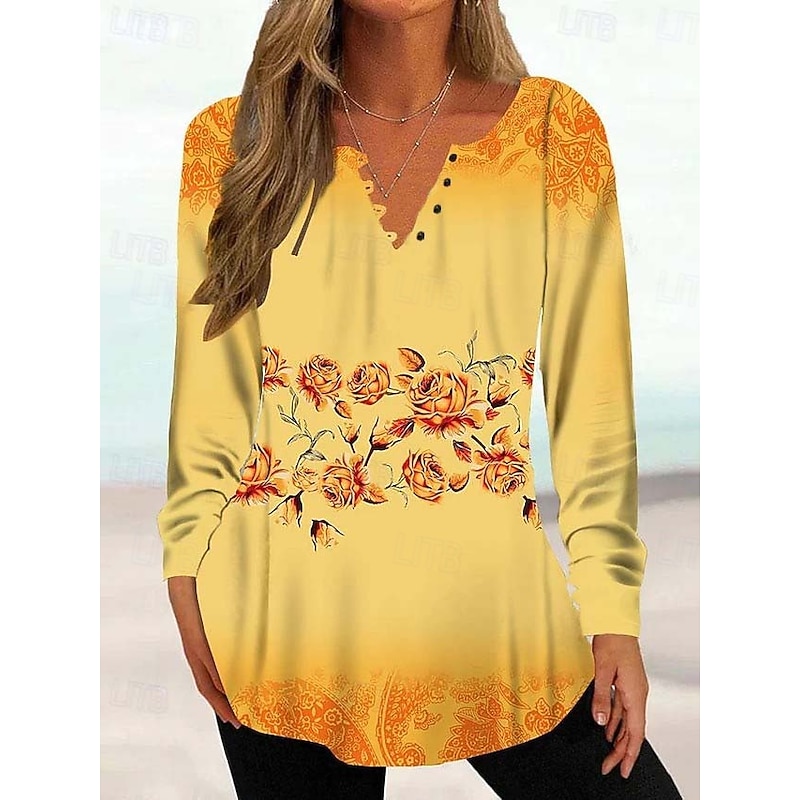 Women's Tunic Shirt Henley Shirt Blouse Tunic Basic Floral Buttons Print Long Sleeve Regular Tops Round Neck Casual Holiday Yellow Pink Green Gray Light Blue Spring & Fall Prefall2