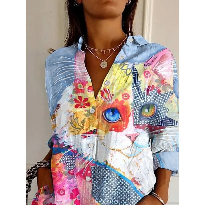 Women's Shirt Animal Cat Active Daily Stylish Long Sleeve Shirt Collar Regular Tops Daily Holiday Buttons Print White Blue Spring Fall2