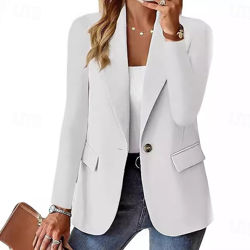 Women's Blazer Comfortable Breathable Pocket Casual Plain Office Street Casual Daily Wear Single Breasted Regular Turndown Regular Fit Long Sleeve Outerwear Black White Wine Fall Winter2
