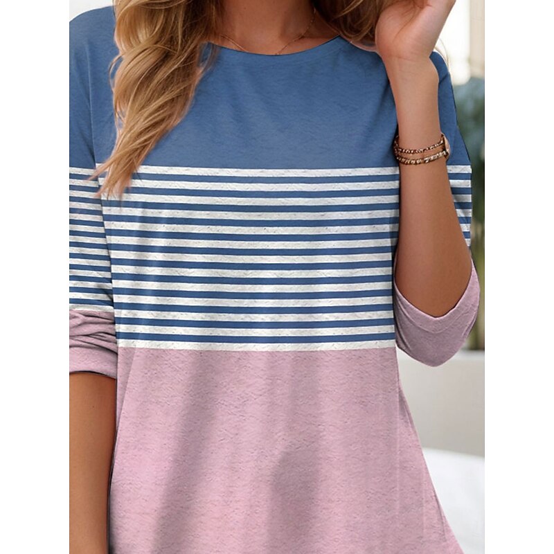 Women's T shirt Crew Neck Long Sleeve Tunic Graphic Geometric Striped Vintage Stylish Classic  Regular Tops Daily Print Pink Fall3