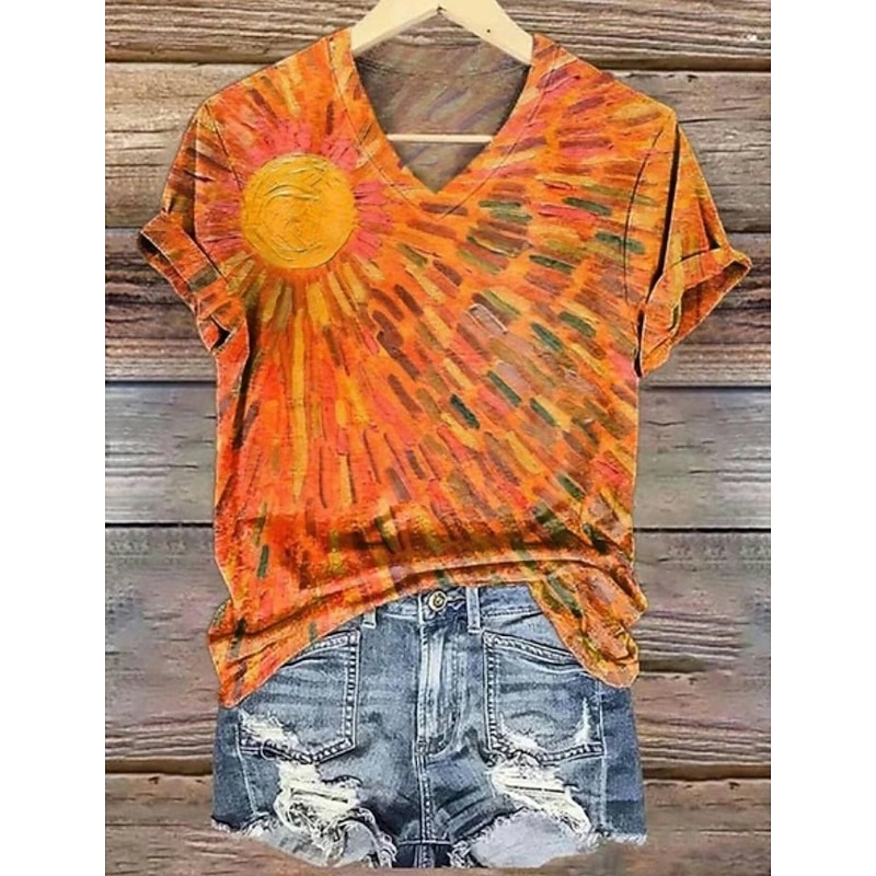Women's T Shirt Floral Graphic Plants Vintage Fashion Hawaiian Short Sleeve V Neck Regular Tops Daily Going out Weekend Print Yellow Pink Blue Purple Orange Summer Spring4