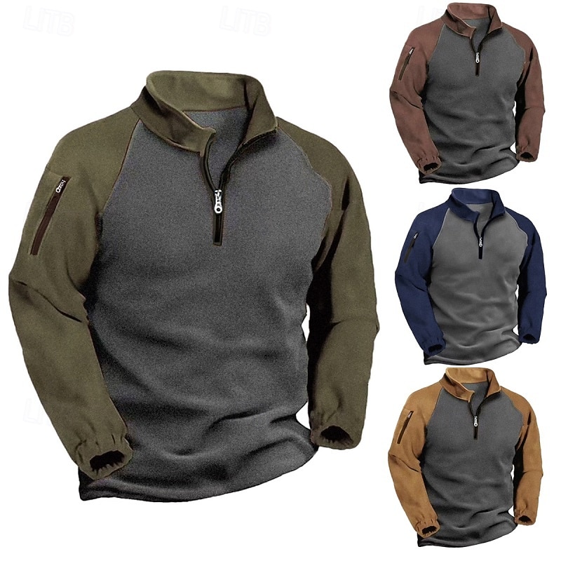 Men's Fleece Hoodie Quarter Zip Sweatshirt Raglan Hoodie Black+ Army Green Dark Gray+Black Army Green Navy Blue Khaki Standing Collar Color Block Pocket Color Block Quarter Zip Sports & Outdoor