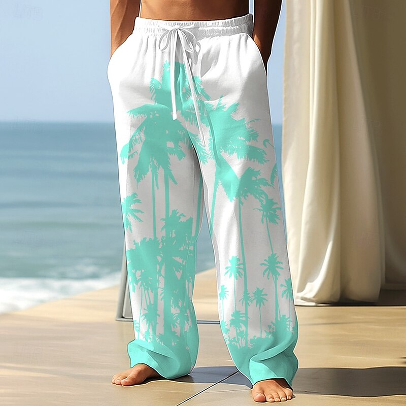 Men's Coconut Tree Tropical Plants Trousers Baggy Pants Casual Pants Mid Waist Hawaiian Vacation Holiday Beach Wear Drawstring Elastic Waist Wide Leg Summer Spring 3D Print Black Blue Green2