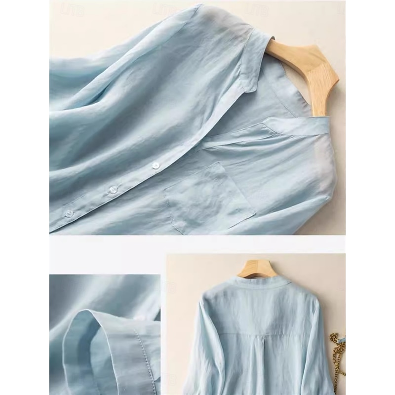 Women's Cotton Linen Shirts Solid Color Basic Casual Long Sleeve V Neck Regular Tops Daily Pocket Buttons White Navy Blue Light Blue Summer2