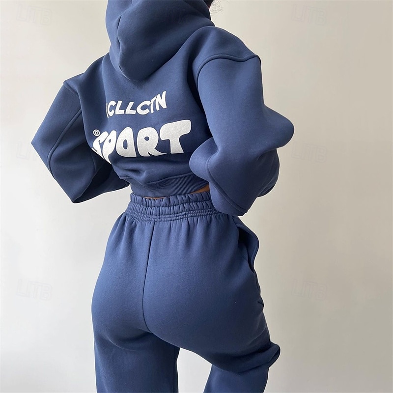 Women's Tracksuit Sweatpants Track Pants Pocket Baggy Letter & Number Hoodie Clothing Suit Fall Black Blue Gym Workout Sports Windproof Long Sleeve Sport Activewear Micro-elastic Regular Fit3