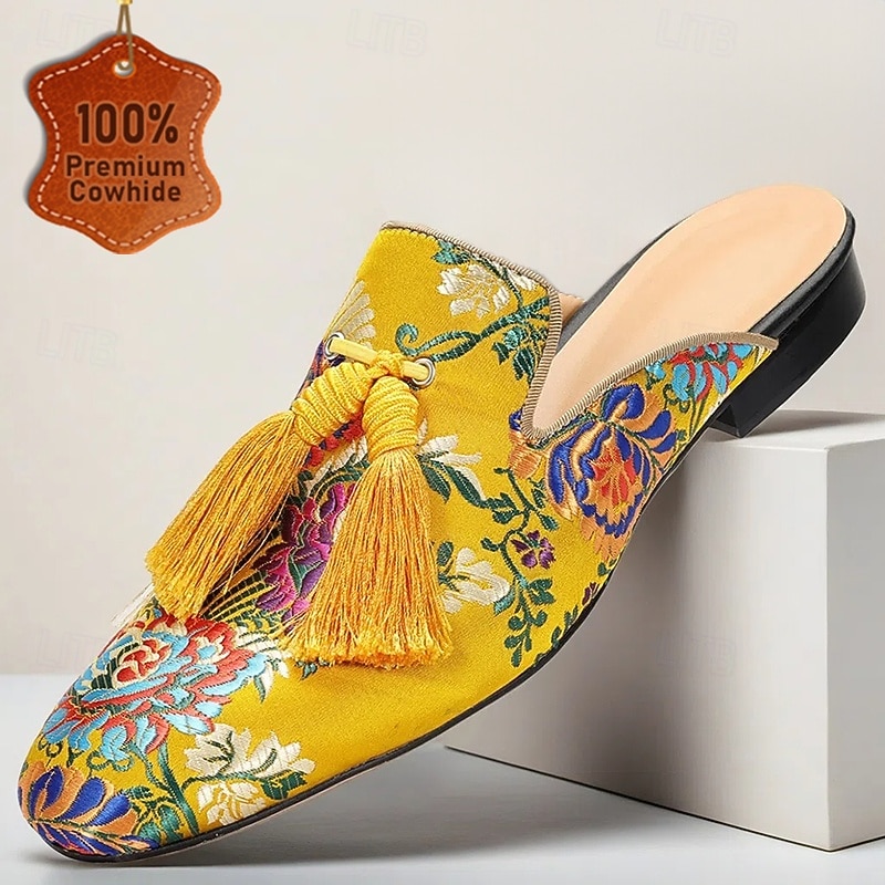 Men's Yellow Premium Cowhide Mules with Vibrant Floral Embroidery and Tassel Detail – Chic Footwear for Summer Gatherings and Casual Festivities