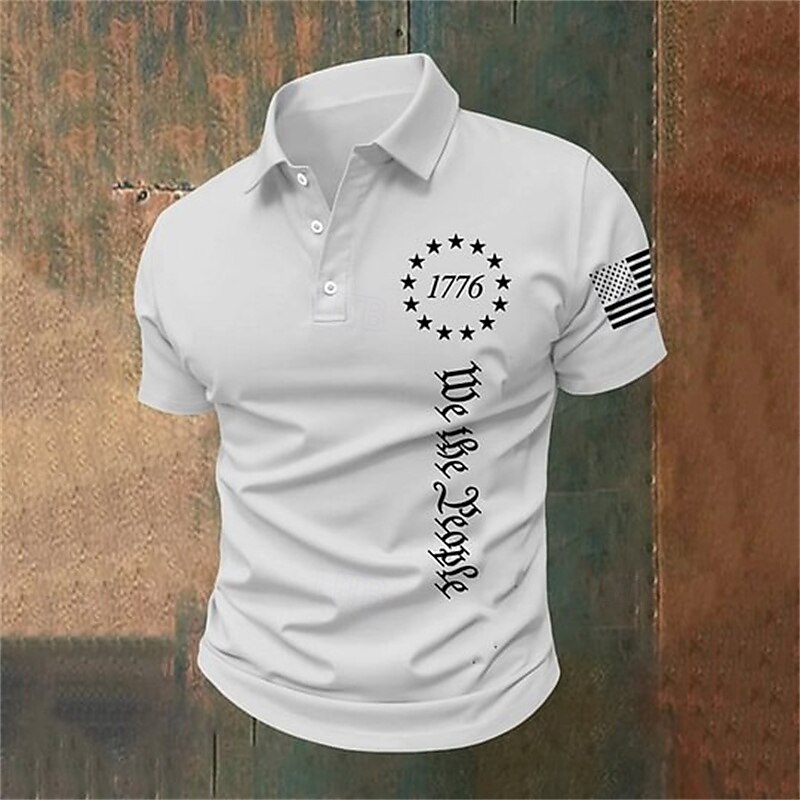 American Independence Day Men's American US Flag 1776 Polo Shirts Button Up Polos Golf Shirt Short Sleeve Polo Shirts Lapel Fashion Casual Daily Festival Print Summer Black White Gray2