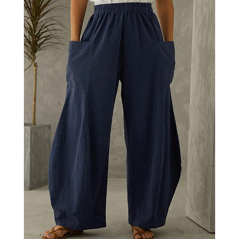 Women's Cotton Linen Pants Culottes Wide Leg Wide Leg Fashion Casual Full Length Mid Waist Plain Elastic Waist Comfortable Breathable Micro-elastic Street Daily Wear Going out Lake blue Dark Blue Gray3