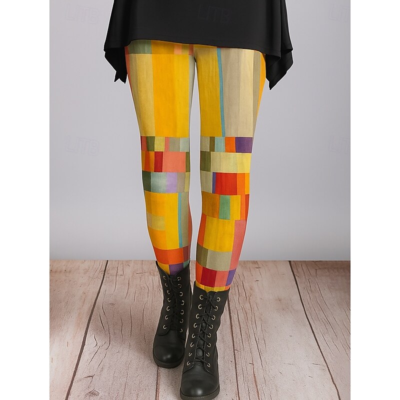 Women's Leggings Vacation Vintage Ethnic Style Ankle-Length High Waist Graphic Plaid Checkered Abstract 3D Print Quick Dry Breathability Soft Stretchy Outdoor Home Causal Yellow Red Gray Fall Regular