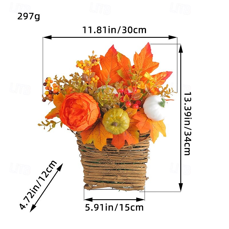 Fall Floral Basket Wreath for Front Door Thanksgiving Autumn Harvest Indoor Outdoor Decoration, Pumpkin Basket with Golden Maple Leaves Artificial Fall Garden Hanging Decor3