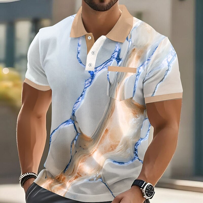 Men's Marble Polo Short Sleeve Polo Shirts Collared Shirts Business Casual Outdoor Athleisure Daily Wear 3D Print Buttons Summer Blue Purple Gold3