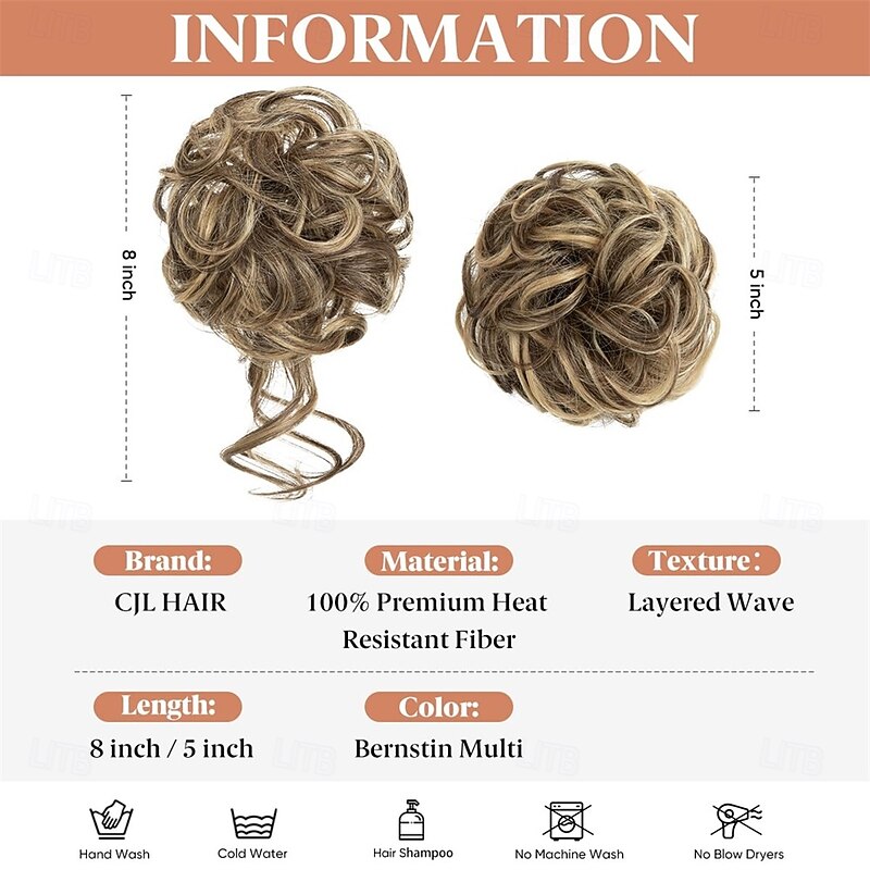 2PCS Messy Bun Hair Pieces Wavy Curly Synthetic Updo Chignon Fake Scrunchies Ponytail Extension for Women Bernstein Multi4