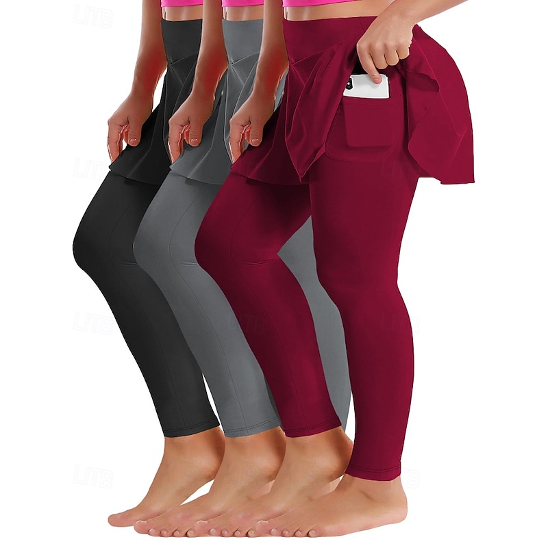 Women's pilates leggings sport pants Yoga Leggings Pocket Lightweight Pilates Gym Running Pants Solid Color Dark Grey Black Burgundy Plus Size Sports Activewear Micro-elastic