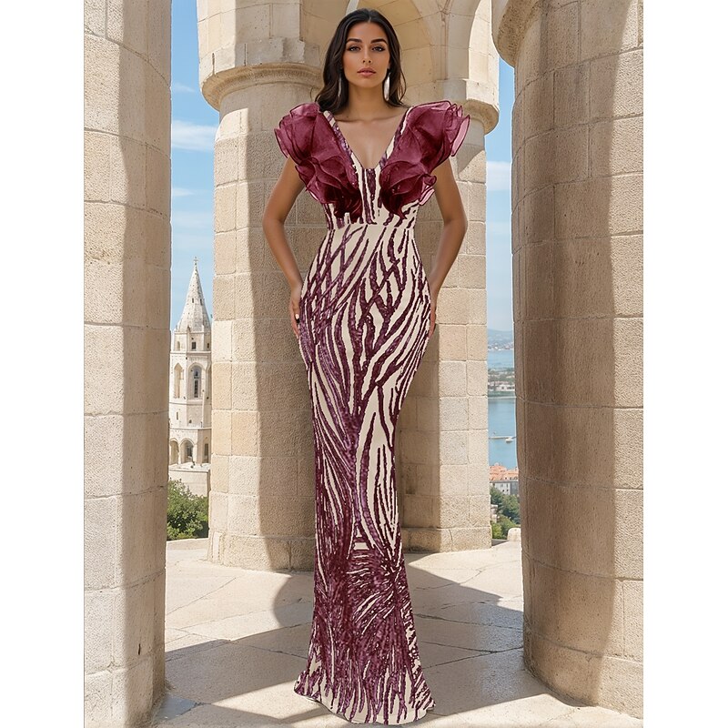 black Tie Gold Sequin Mermaid / Trumpet Evening Gown Elegant Dress Formal Wedding Floor Length Sleeveless V Neck Stretch Satin with Ruffles4