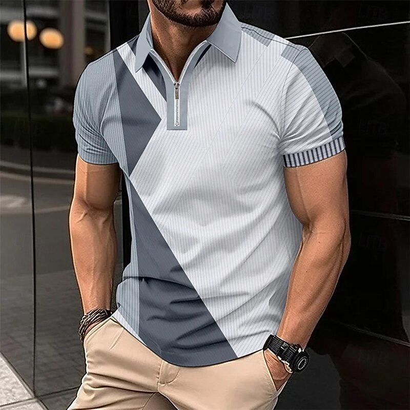 Men's Line Zip Polo Short Sleeve Turndown Business Casual Daily Sports & Outdoor Athleisure Zipper Color Block Summer Grey Black Blue3