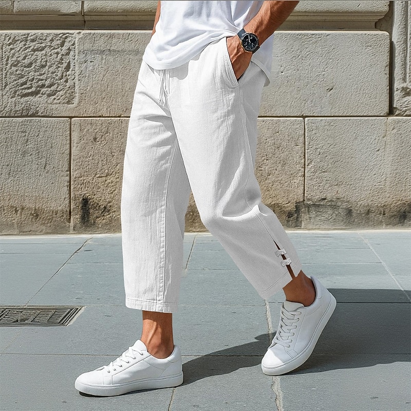 Men's Linen Pants Trousers Summer Pants Baggy Pants Cropped Pants Drawstring Elastic Waist Solid Color Plain Comfort Breathable Ankle-Length Casual Daily Holiday Vacation Fashion Black White Inelastic2