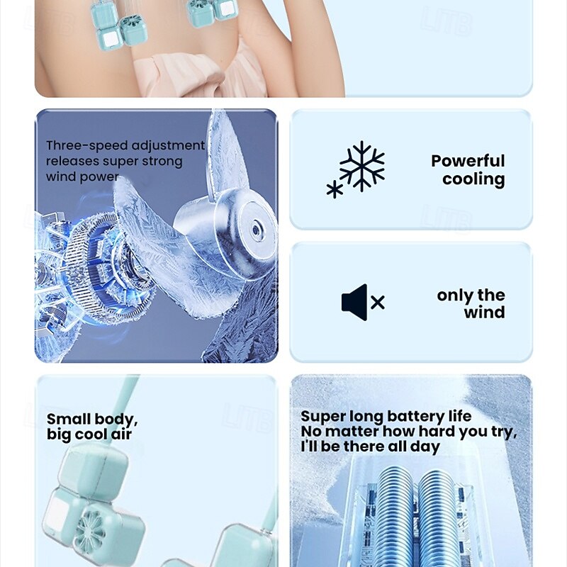 1 Pc new ice cube shaped fan with light hanging neck DIY detachable desktop handheld hanging neck three in one 180 degree rotation adjustable wind, long-lasting battery life4