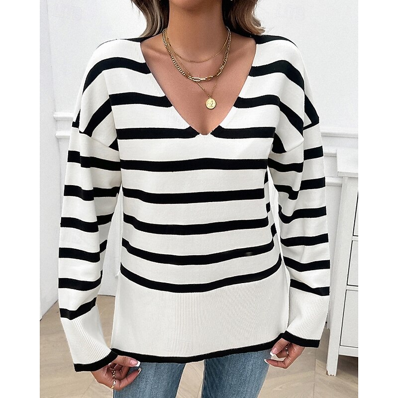 Women's Sweater Pullover Casual Soft Striped Ribbed V Neck Patchwork Knitted Long Sleeve Regular Tops Knit Daily Holiday Going out Black White Fall Winter