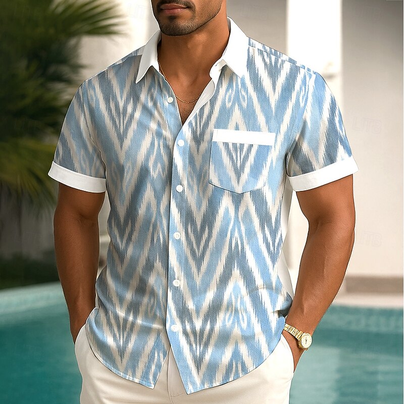 Men's Geometric Shirt Summer Shirt Button Up Shirt Short Sleeve Fashion Casual Outdoor Vacation Dailywear Summer Spring Turndown 3D Print Collared Shirts Front One Pocket White Blue2