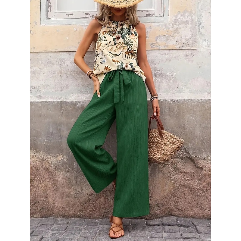 Women's Fashion Streetwear Daily Pants Sets Sleeveless Halter Neck Floral Print Casual Daily Navy Blue Royal Blue Blue Summer Regular Fit