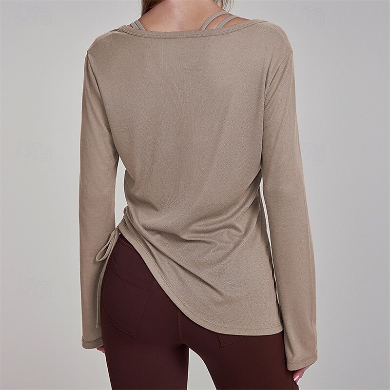 Women's Sports shirts V-neckline Skin Friendly Softness Breathable Loose Long Sleeve Sports Solid Color Top For Pilates Dance Yoga Activewear3