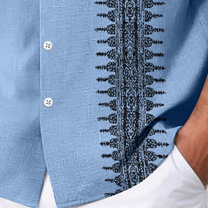 Men's Shirt Linen Shirt Summer Shirt Beach Wear Geometric Vacation Casual White Blue Khaki Gray Short Sleeve Lapel Summer Spring & Summer Clothing Apparel Patchwork3
